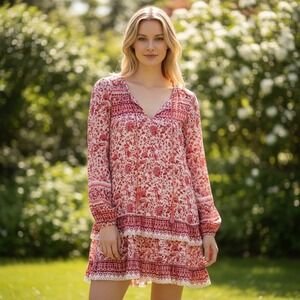 BELL Womens Red Pink Silk Cotton Floral‎ Block Print Boho Mini Dress Small